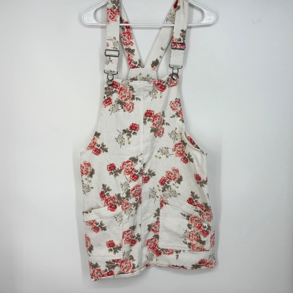 No Boundaries Juniors Large Overalls Short Dress White Pink Green Floral Denim - Picture 1 of 8